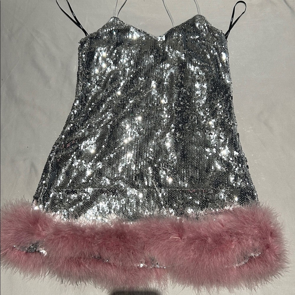 NEW - Mini Dress - Silver Sequin with Pink Trim